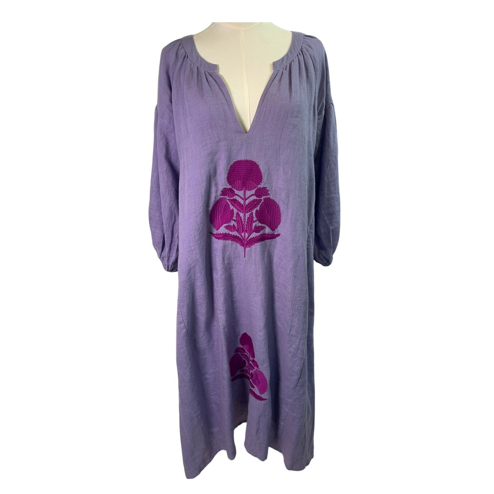 Madison Mathews 100% Linen Embroidered Midi Dress Xs Oversized Lavender Boho